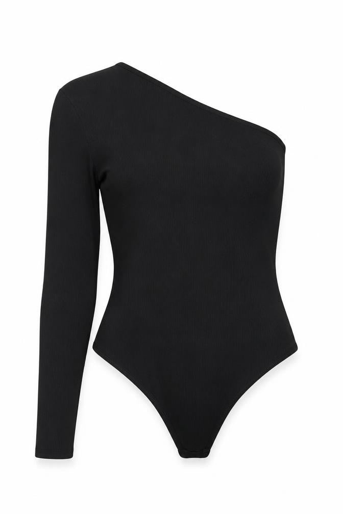 Front view of Boohoo women’s black polyester bodysuit one-piece, size UK 12, snap