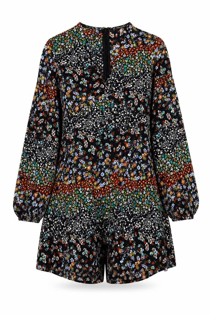 Front view of Zara women’s multicoloured geometric polyester playsuit one-piece, size XS, zip