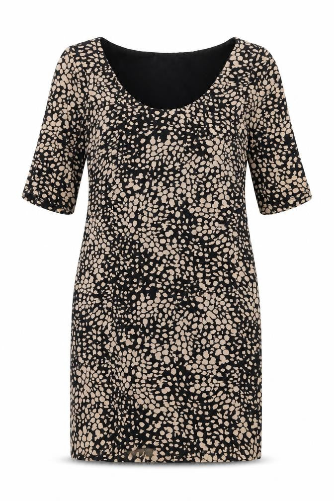 Front view of H&M women’s brown geometric cotton bodycon, size S, round neck pullover