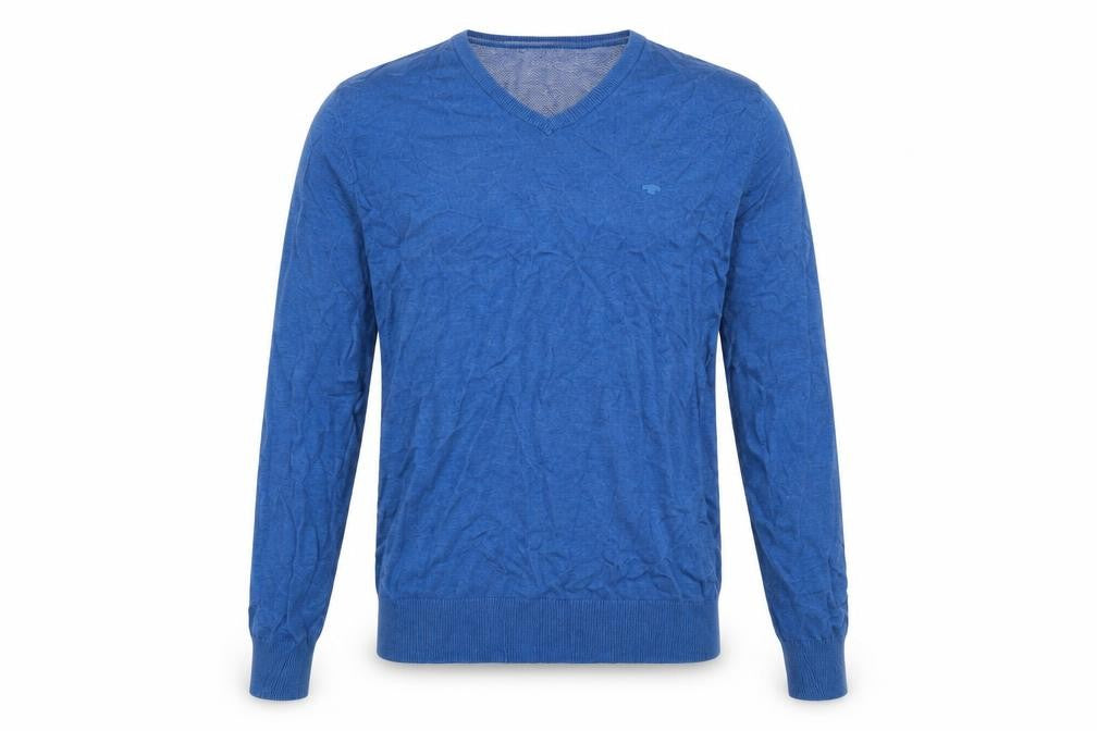 Front view of Tom Tailor men’s blue v-neck cotton jumper, size M, long sleeve