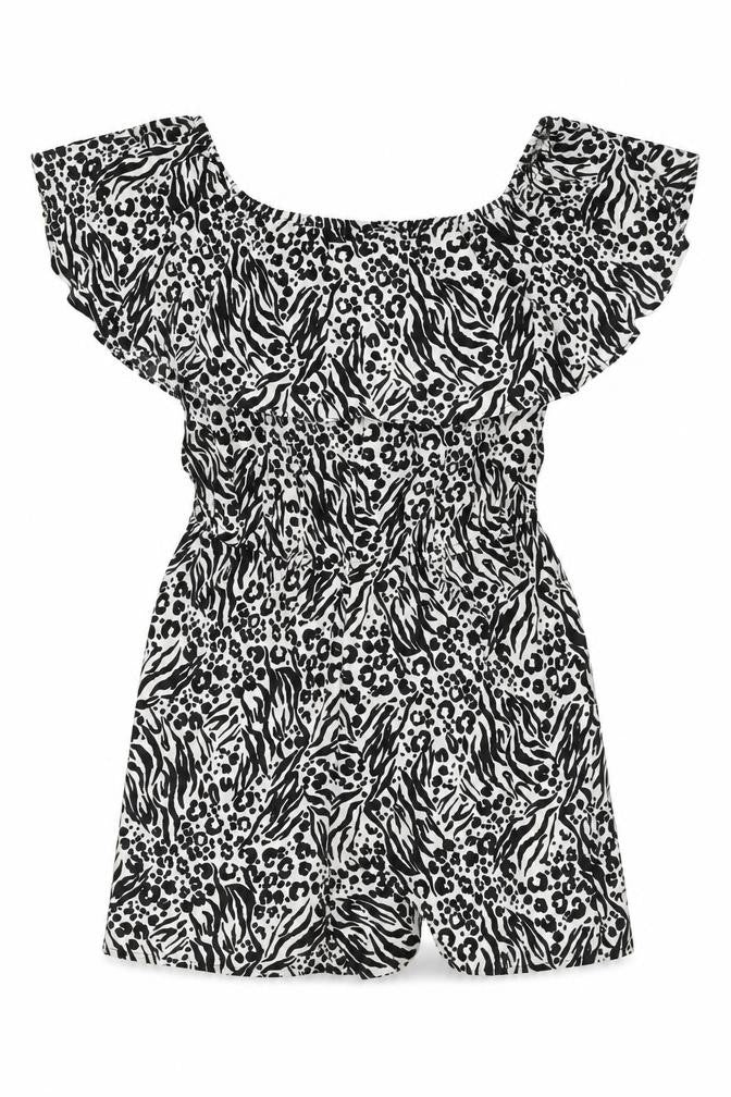 Front view of Studio women’s black animal print polyester playsuit one-piece, size UK 12, pullover