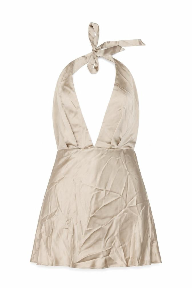 Front view of Zara women’s gold polyester mini, size M, halter zip