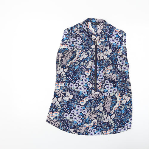 Warehouse Womens Blue Floral Polyester Basic Tank Size 10 Mock Neck