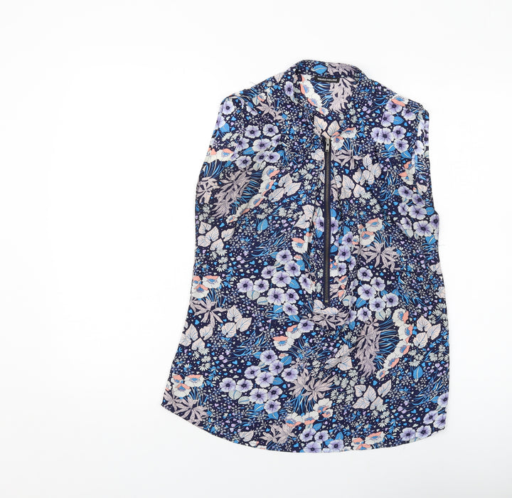 Warehouse Womens Blue Floral Polyester Basic Tank Size 10 Mock Neck