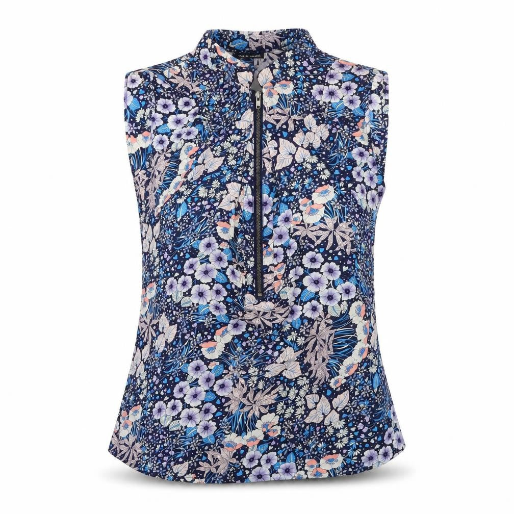 Front view of Warehouse women’s blue floral polyester basic tank, size UK 10, mock neck