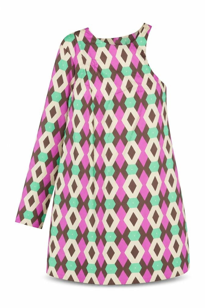 Front view of Zara women’s multicoloured geometric polyester a-line, size XL, round neck zip
