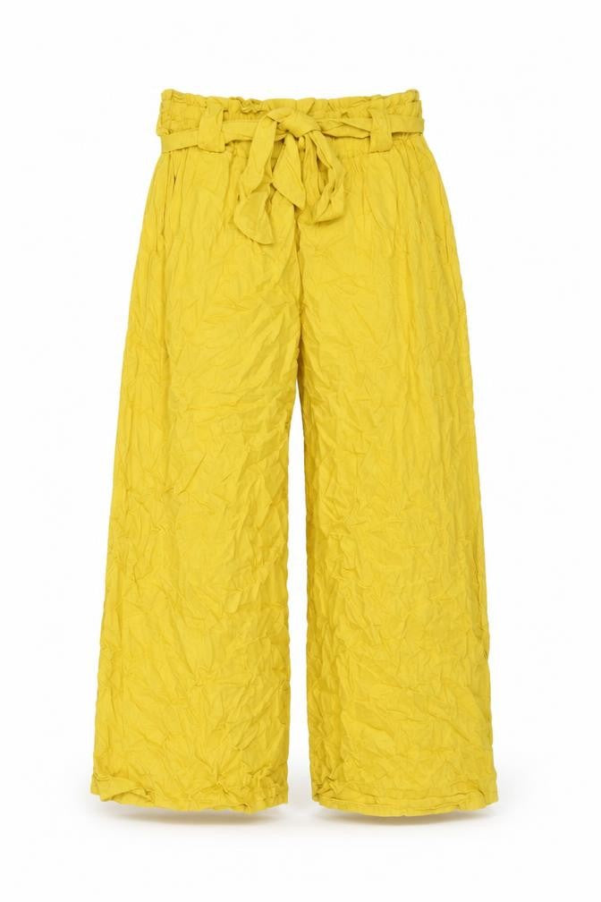 Front view of Boohoo women’s yellow viscose trousers, size S, 21-inch leg regular drawstring