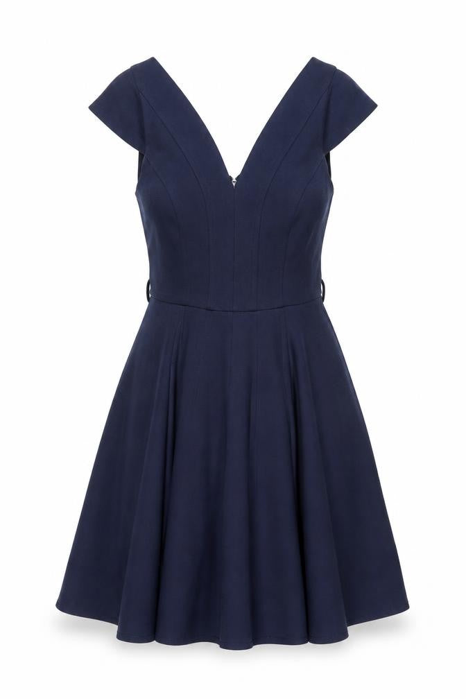Front view of ASOS women’s blue polyester a-line, size UK 10, v-neck zip