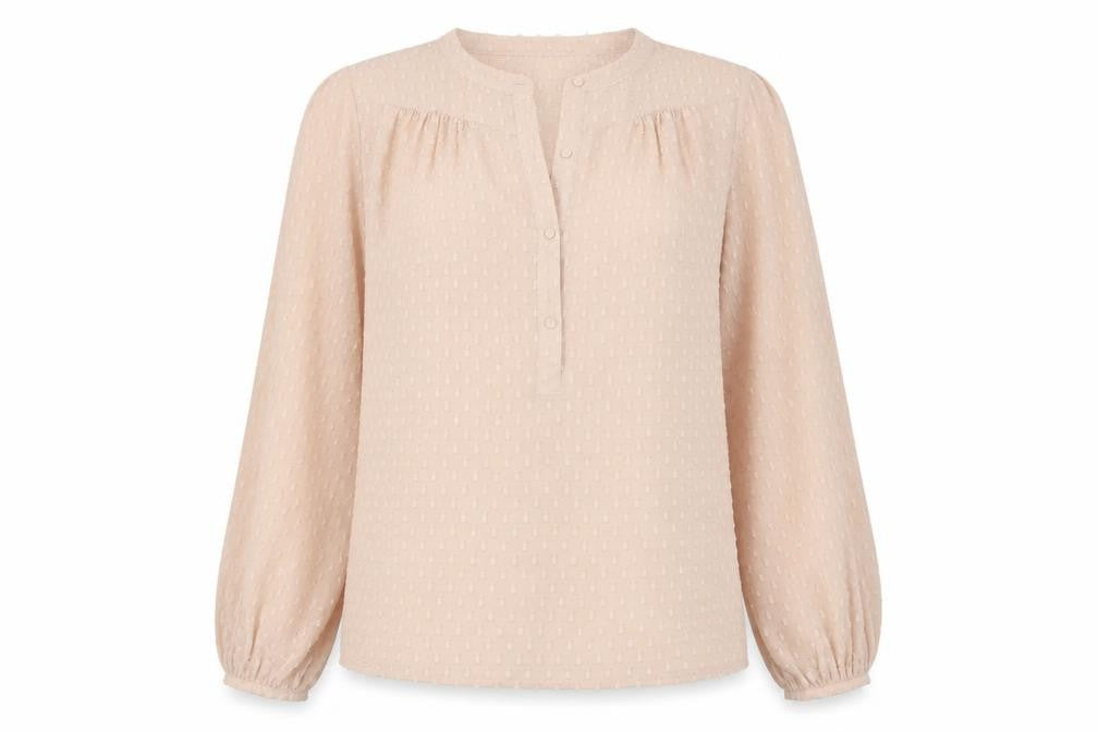 Front view of Warehouse women’s pink polyester basic blouse, size UK 12, v-neck