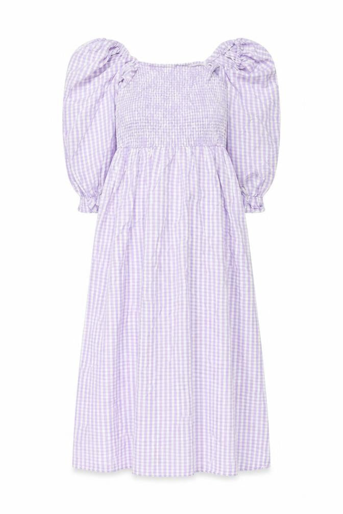 Front view of New Look women’s purple check cotton a-line, size UK 10, square neck pullover