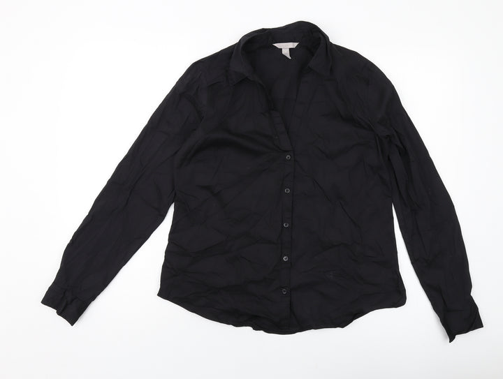 H&M Womens Black Cotton Basic Button-Up Size 14 Collared