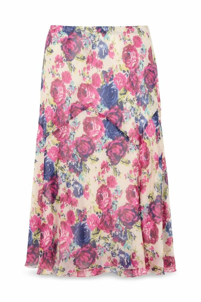 Front view of Elegant women’s multicoloured floral polyester a-line skirt, size UK 12