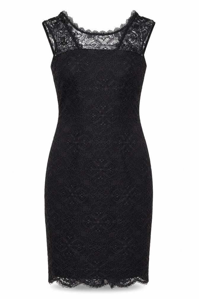 Front view of Monsoon women’s black nylon sheath, size UK 12, round neck zip