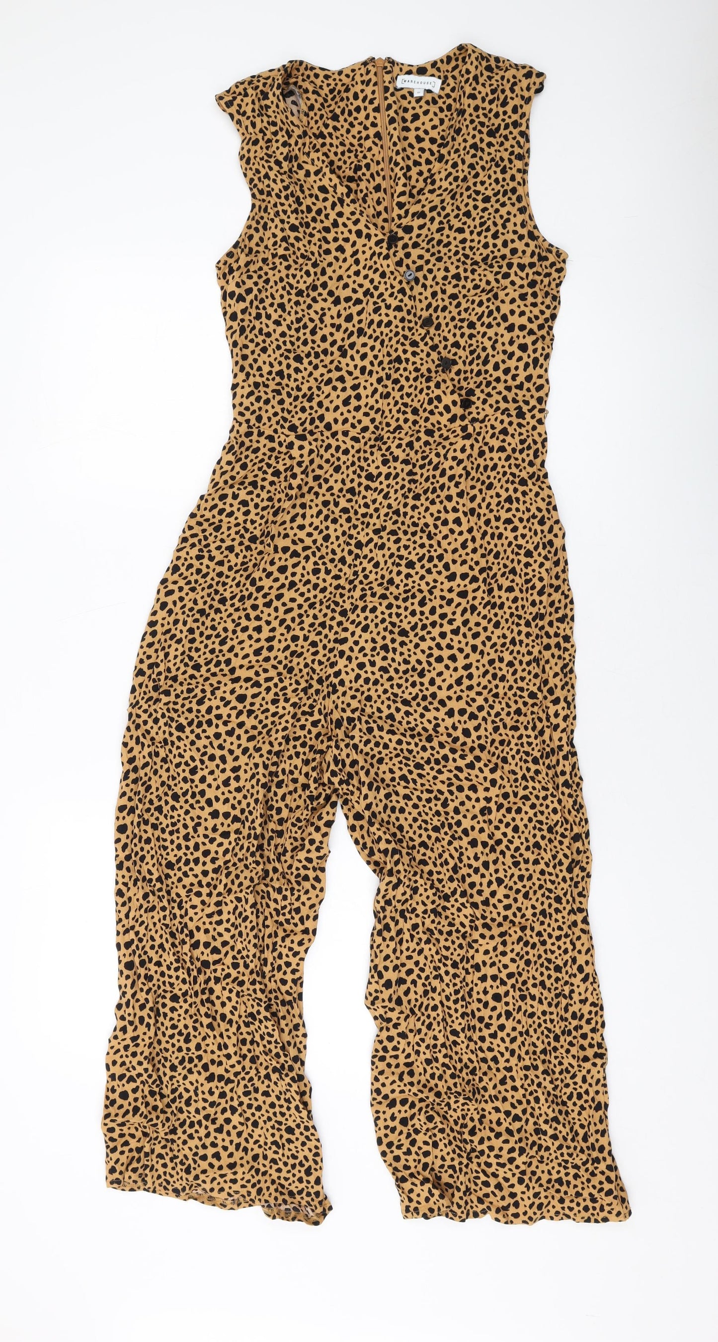 Warehouse Womens Brown Animal Print Viscose Jumpsuit One-Piece Size 10 Zip