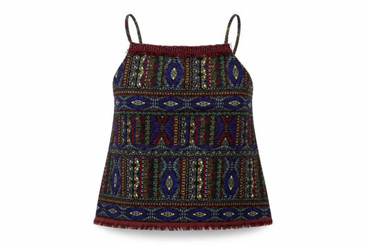 Front view of Next women’s multicoloured geometric polyester basic tank, size UK 14, square neck