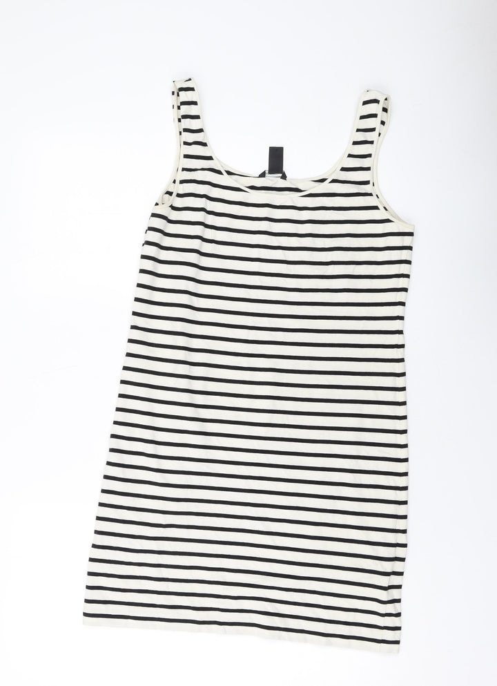 H&M Womens Beige Striped Cotton Tank Dress Size L Round Neck Pullover