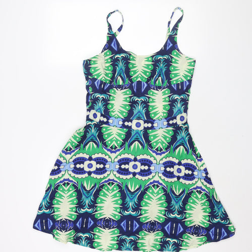 Le Sirenuse Womens Blue Geometric Cotton A-Line Size 14 Scoop Neck Zip