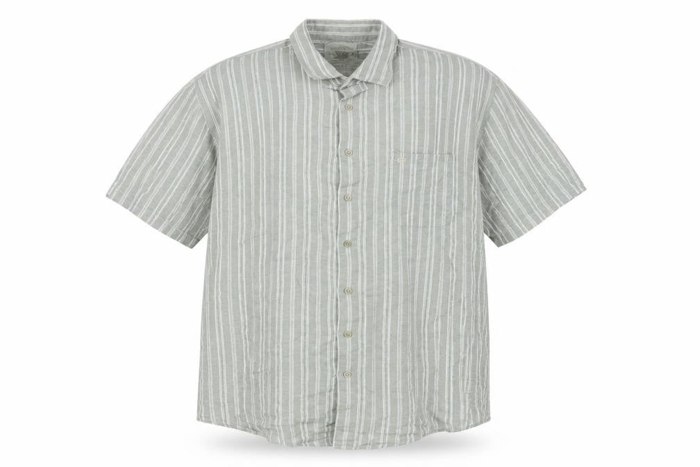 Front view of Bar Harbour men’s grey striped linen button-up, size 2XL, collared button
