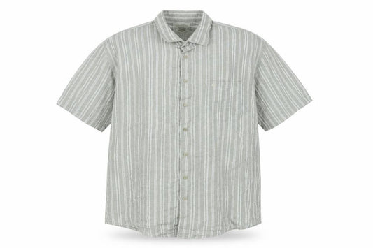 Front view of Bar Harbour men’s grey striped linen button-up, size 2XL, collared button