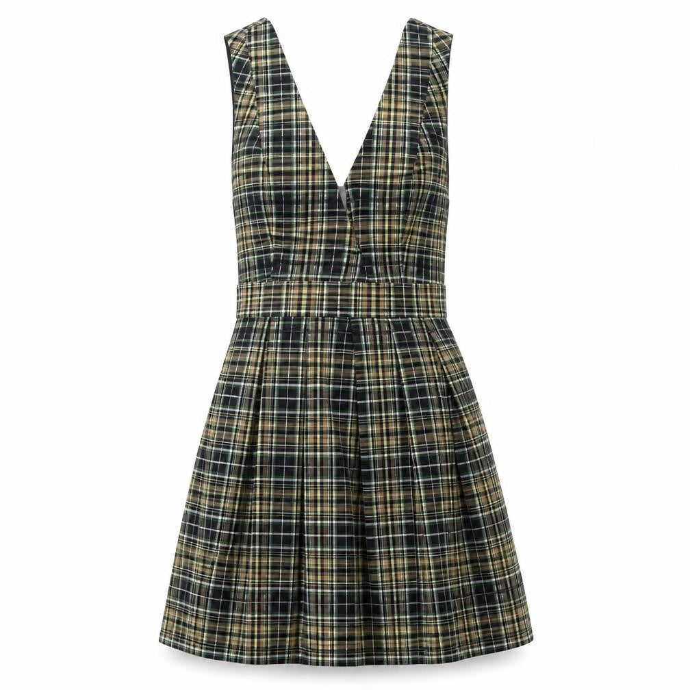 Front view of ASOS women’s multicoloured check viscose a-line, size UK 8, v-neck zip