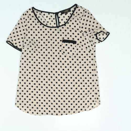 Luxe Womens Pink Polka Dot Polyester Basic Blouse Size 10 Round Neck
