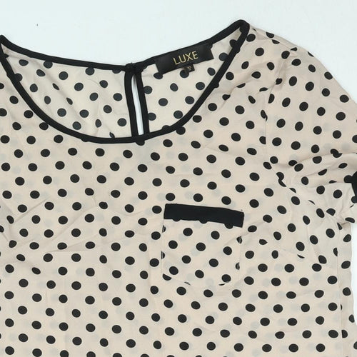 Luxe Womens Pink Polka Dot Polyester Basic Blouse Size 10 Round Neck