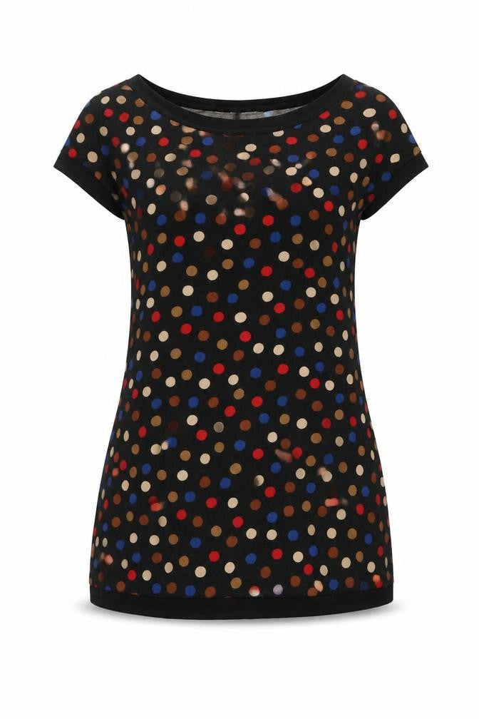 Front view of Principles women’s black polka dot viscose mini, size UK 10, boat neck pullover