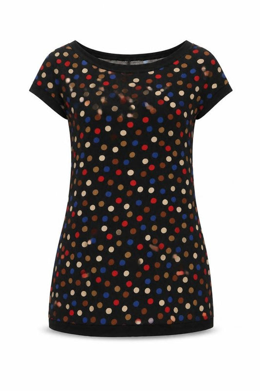 Front view of Principles women’s black polka dot viscose mini, size UK 10, boat neck pullover