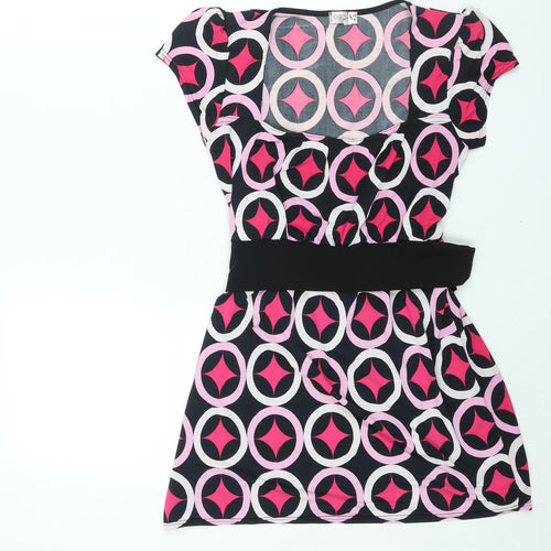 Quiz Womens Pink Geometric Polyester Basic Blouse Size 10 Square Neck - Belted