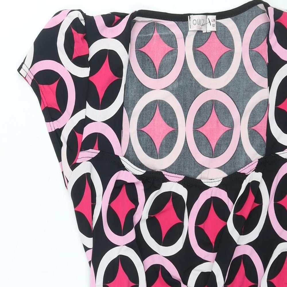 Quiz Womens Pink Geometric Polyester Basic Blouse Size 10 Square Neck - Belted