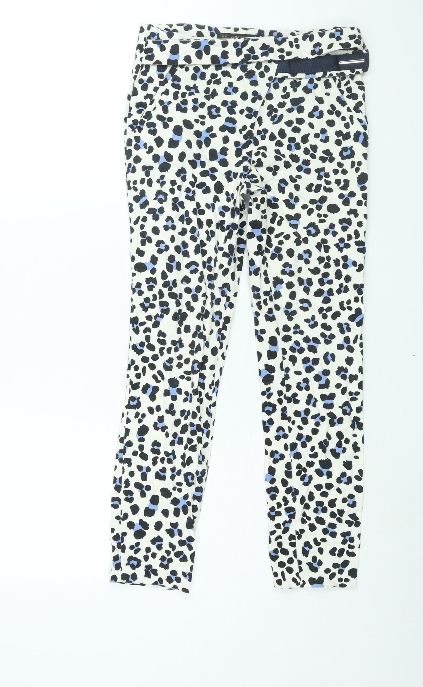 Zara Womens White Animal Print Cotton Trousers Size XS L26 in Regular Button - Leopard Print