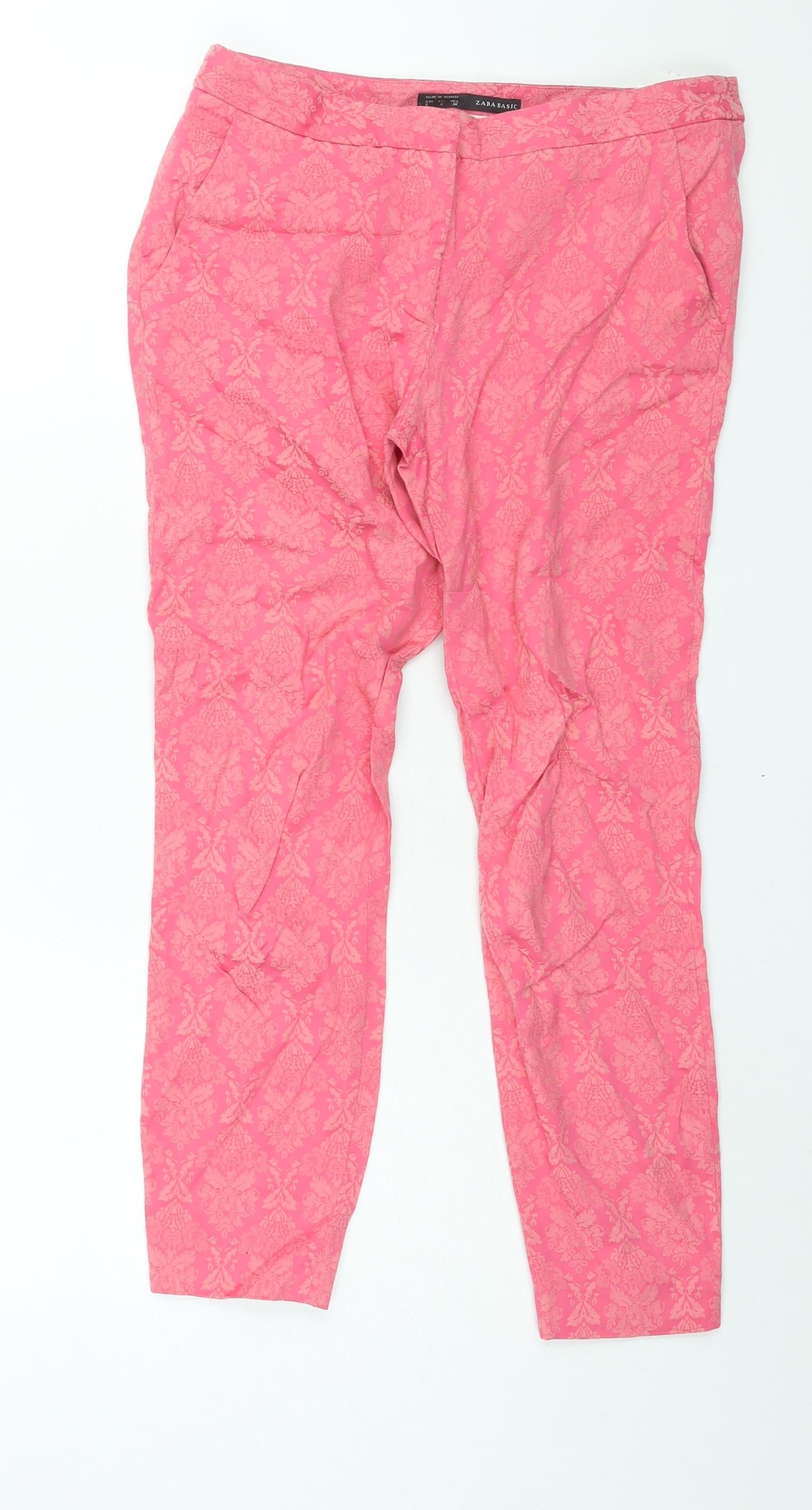 Zara Womens Pink Geometric Cotton Trousers Size S L26 in Regular Zip