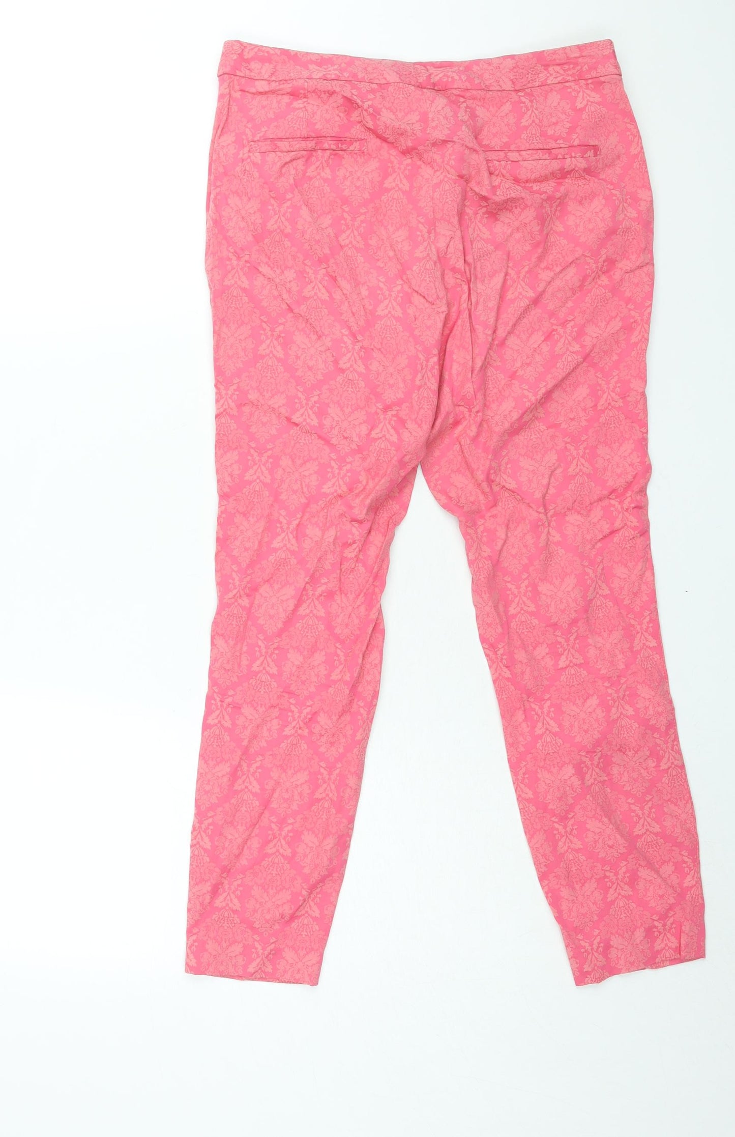 Zara Womens Pink Geometric Cotton Trousers Size S L26 in Regular Zip