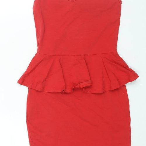 New Look Womens Red Polyester Mini Size 8 Scoop Neck Pullover - Peplum Frill