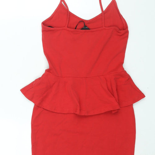 New Look Womens Red Polyester Mini Size 8 Scoop Neck Pullover - Peplum Frill