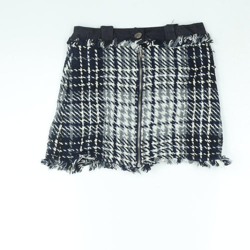 Zara Womens Blue Geometric Cotton Mini Skirt Size S Zip - Raw Edge
