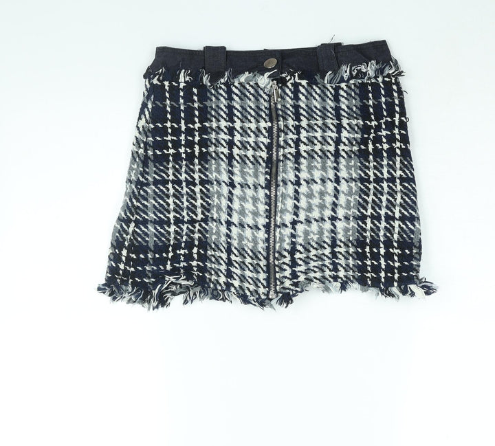 Zara Womens Blue Geometric Cotton Mini Skirt Size S Zip - Raw Edge