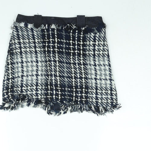 Zara Womens Blue Geometric Cotton Mini Skirt Size S Zip - Raw Edge