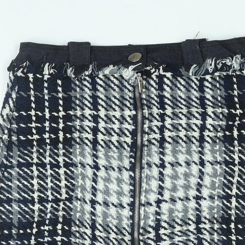 Zara Womens Blue Geometric Cotton Mini Skirt Size S Zip - Raw Edge