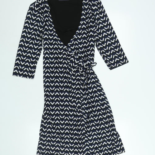 Marks and Spencer Womens Multicoloured Geometric Polyester Wrap Dress Size 10 V-Neck Tie