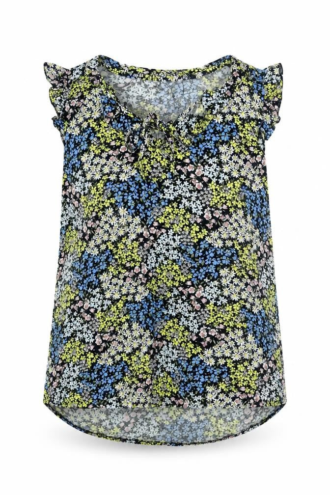 Front view of New Look women’s multicoloured floral viscose basic blouse, size UK 10, round neck - keyhole neck