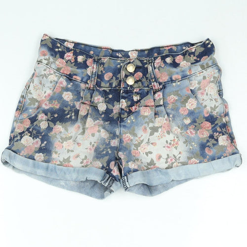 Miso Womens Blue Floral Cotton Basic Shorts Size 8 L3 in Regular Zip