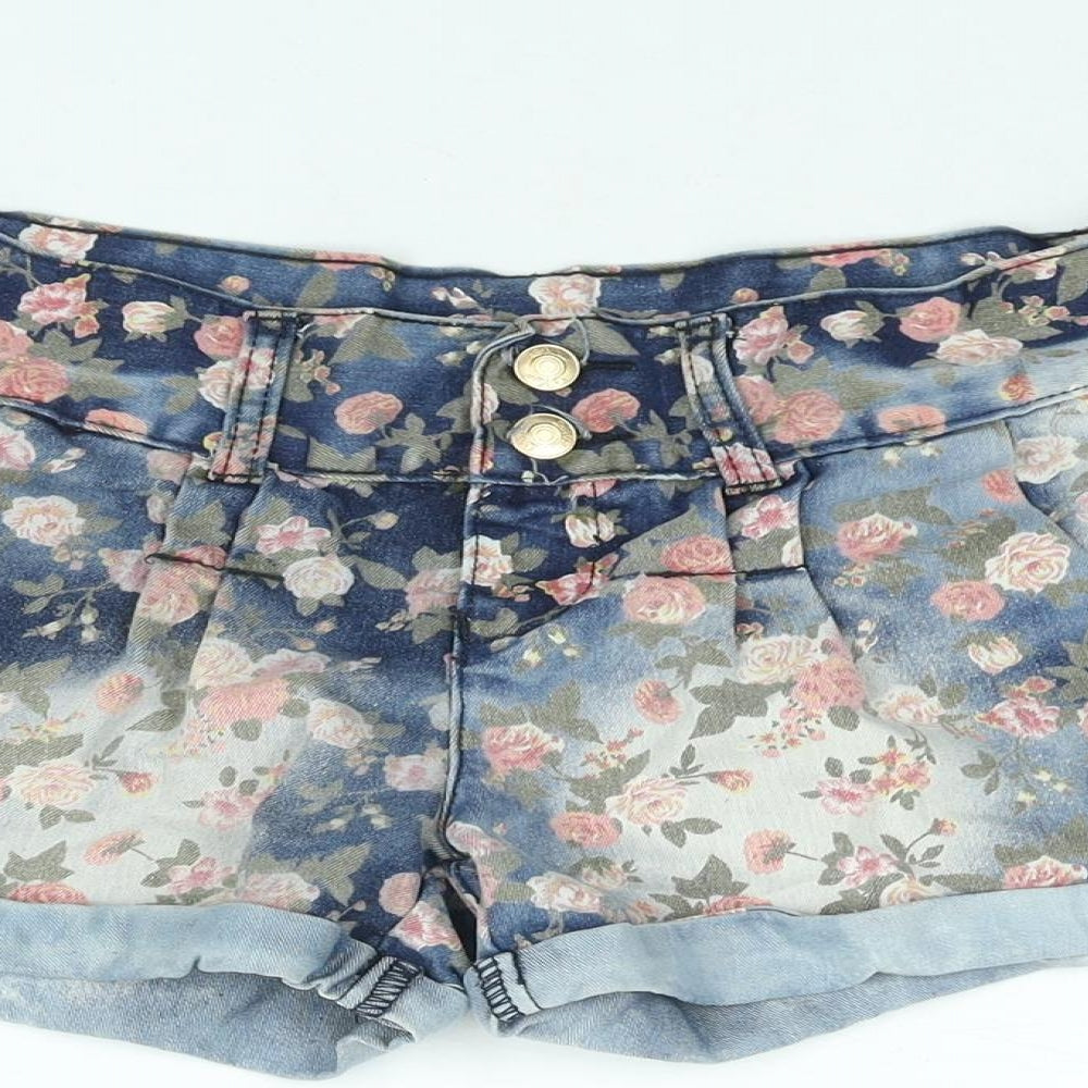 Miso Womens Blue Floral Cotton Basic Shorts Size 8 L3 in Regular Zip