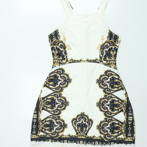 AX Paris Womens White Geometric Polyester A-Line Size 10 Square Neck Zip - Lace Trim