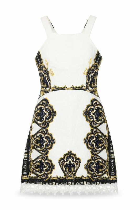 Front view of AX Paris women’s white geometric polyester a-line, size UK 10, square neck zip - lace trim
