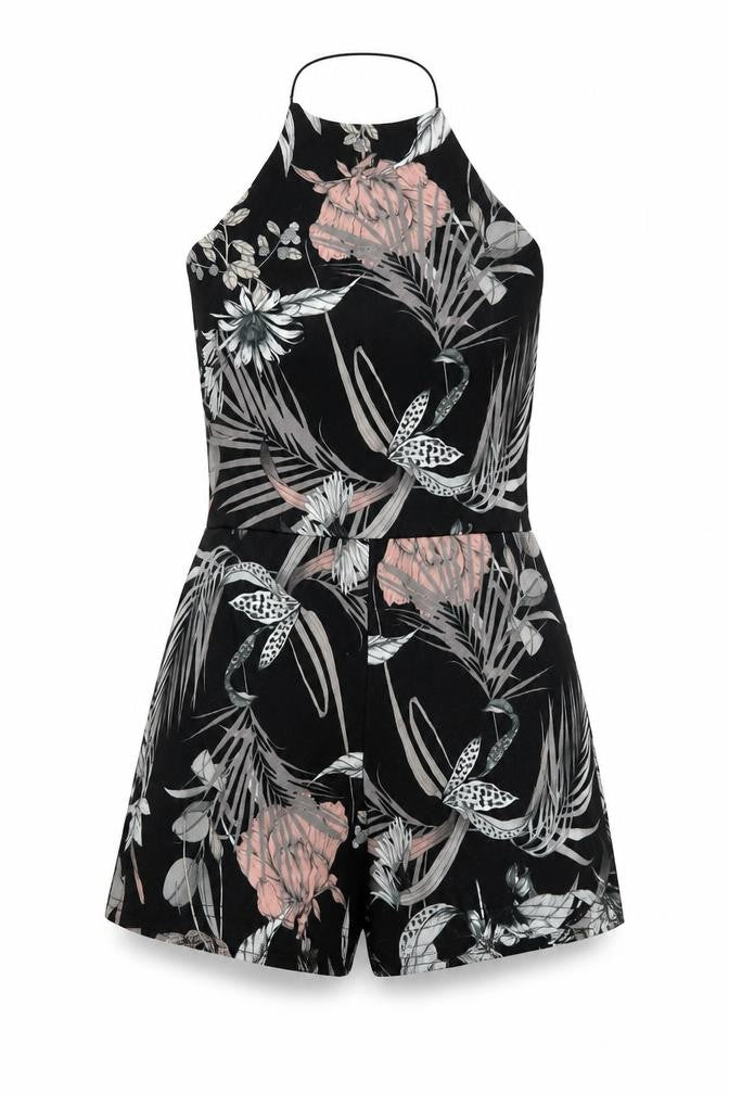 Front view of Boohoo women’s black floral polyester playsuit one-piece, size UK 12, pullover
