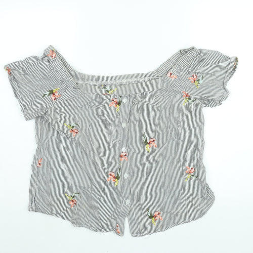 Warehouse Womens Grey Striped Cotton Basic Blouse Size 16 Off the Shoulder - Floral Embroidery