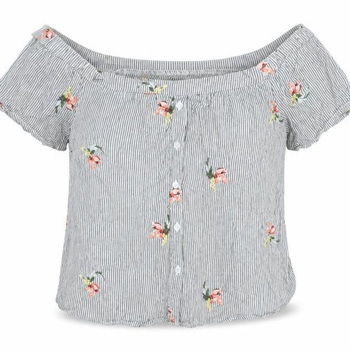 Warehouse Womens Grey Striped Cotton Basic Blouse Size 16 Off the Shoulder - Floral Embroidery