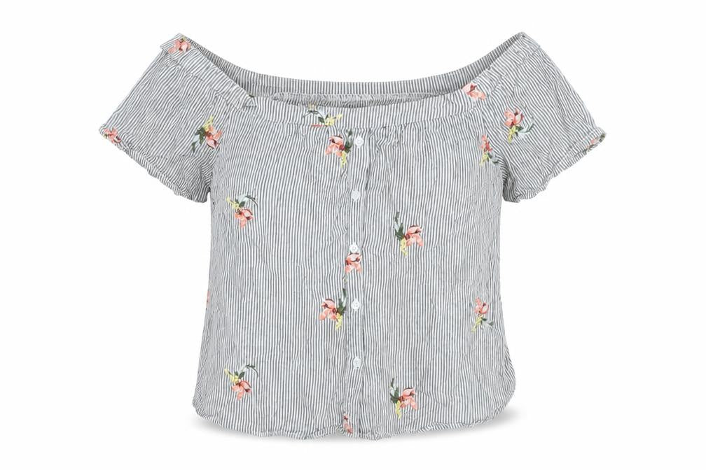 Warehouse Womens Grey Striped Cotton Basic Blouse Size 16 Off the Shoulder - Floral Embroidery