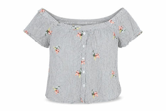 Front view of Warehouse women’s grey striped cotton basic blouse, size UK 16, off the shoulder - floral embroidery